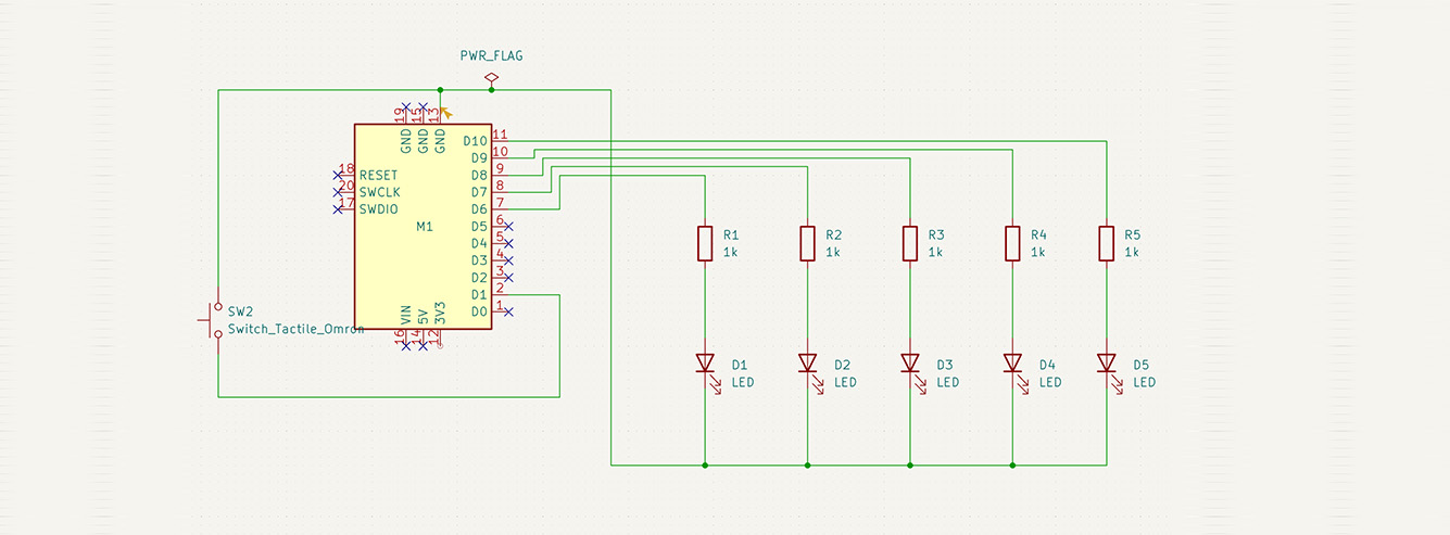 KiCad schematic of the LED circuit with five LEDs and a push button